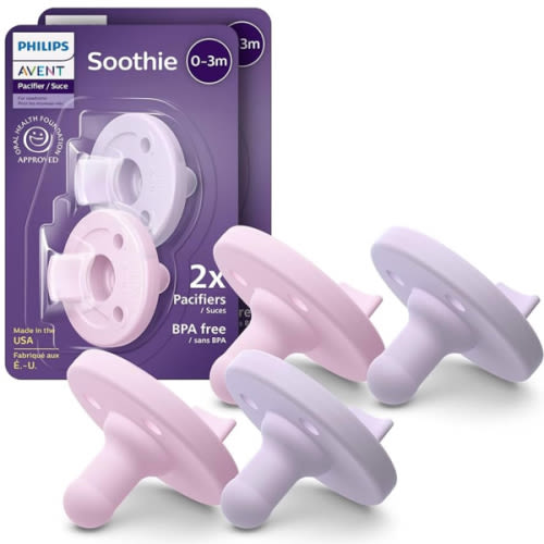 Philips Avent Soothie Baby Pacifiers - 100% Silicone Pacifiers for Babies 0-3 Months, One-Piece Design, BPA-Free, Extra Durable, Lilac and Pink, 4 Pack, Model SCF190/70