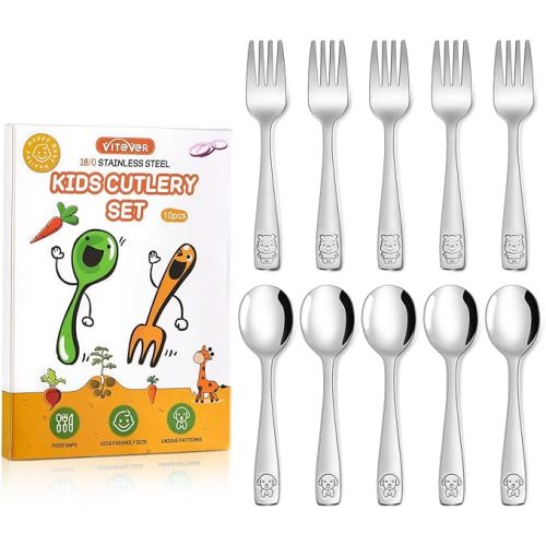 VITEVER 10-Piece Toddler Utensils, Kids Stainless Steel Silverware Set, Children Safe Forks and Spoons - Mirror Polished, Dishwasher Safe