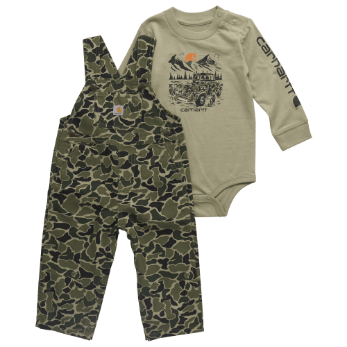 Carhartt Long-Sleeve Bodysuit and Camo Canvas Overalls Set for Babies - Green Duck Camo - 12 Months