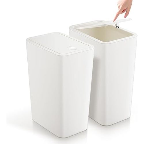 TIPGO Bathroom Trash Can with Lid, 4 Gallon / 15 Liter Small Garbage Can, Press Top Bin, Plastic Wastebasket with Pop-Up Lid for Bedroom, Living Room, Office (White, 2 Pack)