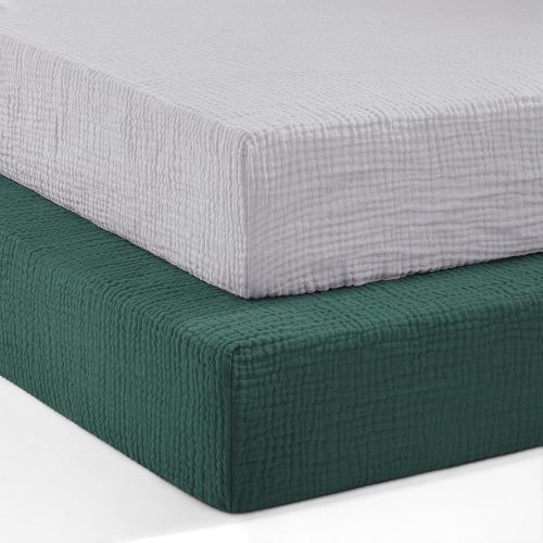 Pro Goleem 2 Pack Muslin Crib Sheets for Boys and Girls, Soft Breathable Neutral Fitted Cotton Baby Bed Sheets Set for Standard Crib Mattress & Toddler Mattress 52"x28", (Grey＆Green)