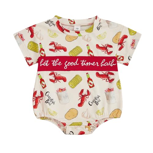 KMBANGI Newborn Baby Boy Girl Crawfish Outfit Short Sleeve Crawfish Boil Shirt Lobster Smocked Romper Summer Clothes 0-18M