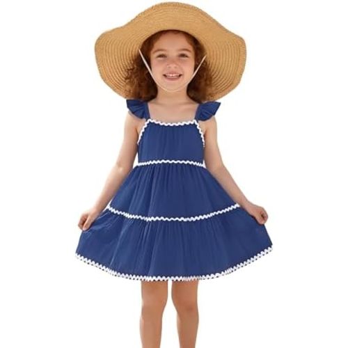 YOUNGER TREE Toddler Girl Dress Sleeveless Girls Dresses Wave/Pom Pom Trim Summer Outfits Boho Casual Beach Sundress 12M-5T