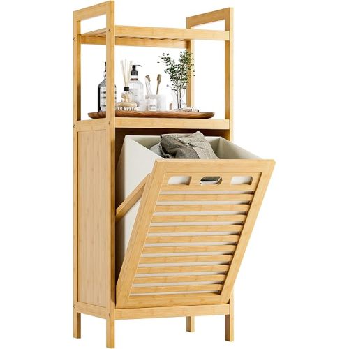 HITNET Tilt Out Laundry Hamper, Bamboo Laundry Basket with Foldable Bag and 2 Open Shelves, Freestanding Clothes Storage Organizer for Bedroom, Bathroom, Living Room, Natural