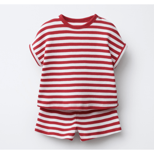 STRIPED WAFFLE SHIRT AND BERMUDA SET - Red | ZARA United States