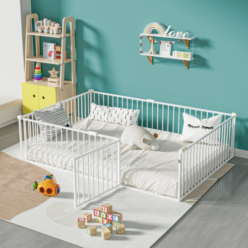 Full Montessori Floor Bed with 20.6" High Safety Fence& Anti Collision Cotton, Metal Floor Bed with Slats, White