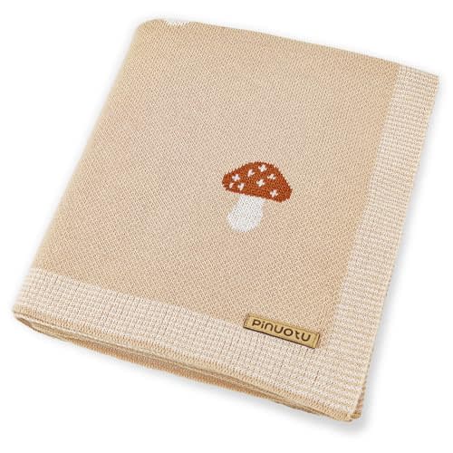 Pinuotu Mushroom Baby Blanket for Boys & Girls,100% Cotton Knitted Receiving Swaddle Crib Stroller Blanket (Cream /40x 31 inches)