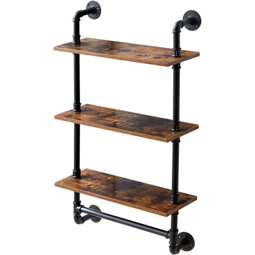 IBUYKE Industrial Pipe Shelf,40.5 inches Wall Mount Bookcase,3-Tier Wall Shelf with Towel Bar,Rustic Iron Pipe Floating Shelvesfor Bedroom,Kitchen,Living Room,Bathroom URF-TM015