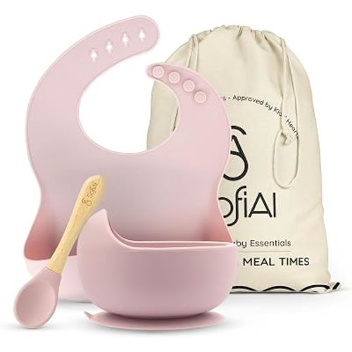 BPA-Free Non-Toxic Silicone Baby Bowl Set – 4-Piece Baby Led Weaning Starter Kit with Suction Bowl, Soft Spoon & Waterproof Bib – Ages 6-18 Months – Eco Gift Bag (Rose Pink)