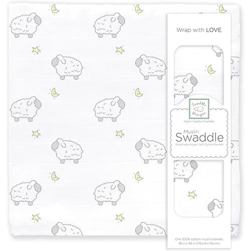 SwaddleDesigns Cotton Muslin Swaddle Blanket, Receiving Blanket for Boys & Girls, Best Shower Gift, 46x46 inches, Little Lambs, Sterling