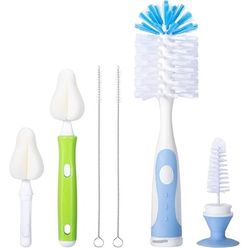 Baby Bottle Brush Kit with Suction Base, Hidden Cleaner & Sponge, Green | Suction baby bottle brush kit with hidden cleaner and sponge heads. Usage fit applies for compact bottles and cups.