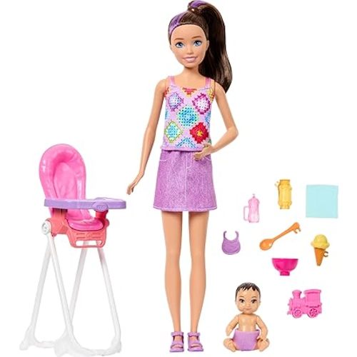 Barbie Skipper Babysitters, Inc. Playset with Brunette Doll, Brunette Toddler Doll, High Chair & 8 Accessories Including Food
