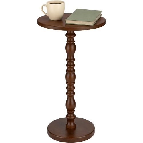 Solid Wood Round Side Table, Rustic Pedestal Drink Table for Small Spaces, Accent Nightstand Table for Living Room, Bedroom, Corners, and Office, Walnut