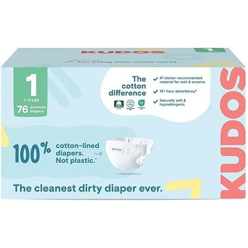 Kudos Chlorine Free Premium Diapers, 100% Cotton-Lined - Ultra Soft - Size 1, 76 Count