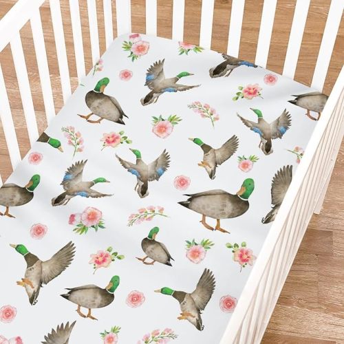 Hunting Duck Flowers Fitted Baby Crib Sheet for Boy Girl 52"x28" Mallard Ducks Fitted Crib Mattress Covers Wild Ducks Soft Breathable Nursery Bed Sheets for Standard Crib and Toddler Mattress Pads