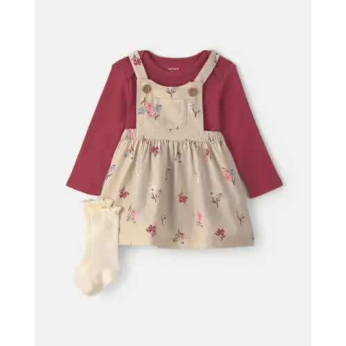 Baby Girl 3-Piece Floral Twill Long-Sleeve Dress Set - Burgundy/Cream | Carter's