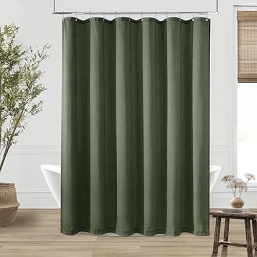 66 Inch Dark Olive Green Shower Curtain Boho Luxury Aesthetic Decorative Linen Curtains for Hotel Bathroom Water Repellent Fabric Drapes with Hooks Sets 72x66 Inches Long Shabby Chic Shower Curtain