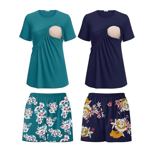 Ekouaer 2 Pack Women's Nursing Pajamas Set Double Layer Maternity Pjs Postpartum Loungewear Set Breastfeeding Tops & Shorts