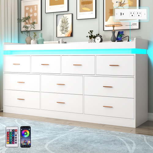 ChVans 10 Drawer Dresser with LED Lights and Charging Station, 70" Wide wood Chest of Drawers and Metal Handles, 39.8" Tall drawers dresser for bedroom, Living Room, Entryway, Hallway