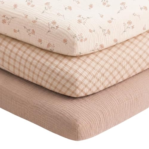Niceye Muslin Bassinet Sheets 3-Pack for Bedside Sleepers, 33" x 21" | 100% Cotton, Soft & Breathable, Full Elastic Fit, for Baby Delight, Dream On Me, Baby Girl Boy (Pink)