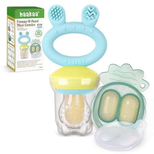 Haakaa Baby Fruit Food Feeder & Mini Freezer Nibble Tray Combo, Breastmilk Popsicle Molds for Baby Cooling Relief, BPA Free Silicone Feeder for Safe Infant Self Feeding, 4 Month+ (Steel Blue)