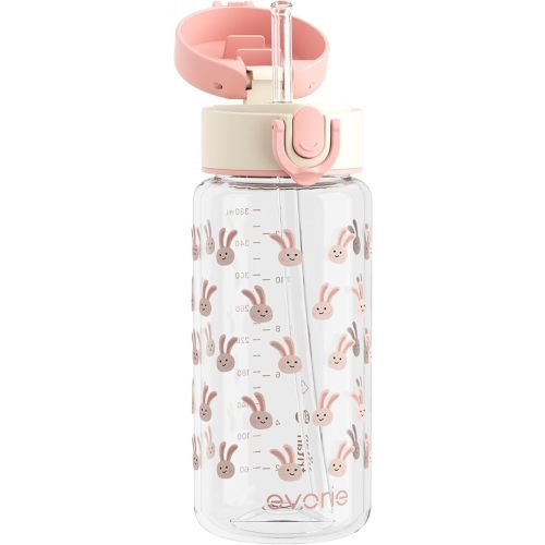 Evorie Tritan Kids Water Bottle with Straw, 13oz BPA-Free Leak Proof Drinking Bottle for School & Travel, Clear Water Bottle with Carry Strap, Dishwasher Safe, for Kids Ages 3+ (Pink Rabbit)