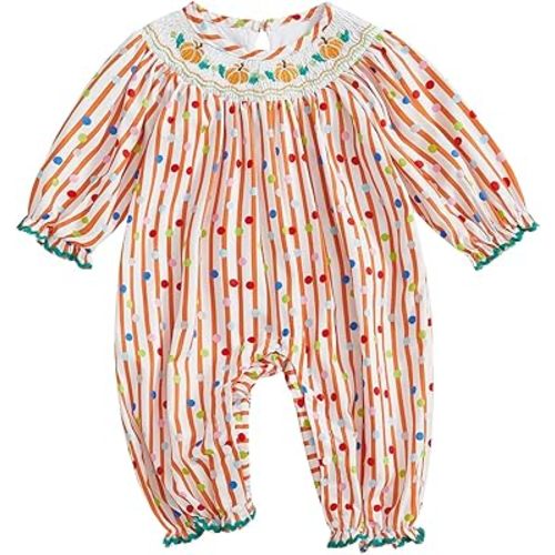 Newborn Baby Girl Halloween Outfit Doll Collar Pumpkin Jumpsuit Romper Ruffle Sleeve Bodysuit Long Overalls with Bow