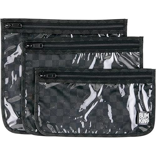 Bumkins Travel Bag, Toiletry, TSA Approved Pouch, Zip Bag, Quart Size Airline Compliant, Clear-Sided, Baby, Diaper Bag Organization, Makeup, Accessories, Carry On Packing, Set of 3 Sizes, Black Check