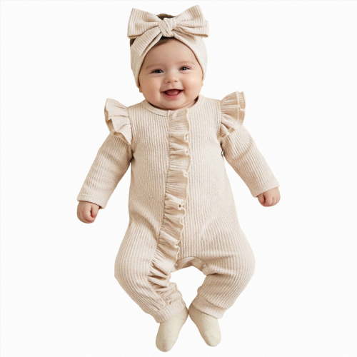 Xyant Newborn Baby Girl Clothes Ruffle Romper Knit Sweater Onesie Zipper Footie Jumpsuit Long Sleeve Romper Solid Fall Winter Outfits with Headband,Size 0-3 Months
