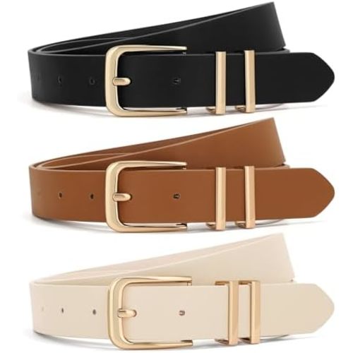 XZQTIVE 3 Pack Women Belts For Jeans Dresses Pants Ladies Leather Waist Belt with Gold Buckle