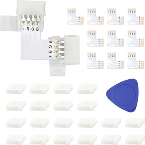 DAYBETTER Led Strip Connector Kit for 2835 8mm 4 Pin, 10 Pcs L Shape 4 Pin Led Connectors 20 Pcs 4 Pin Connector Clips, Solderless LED Strip Accessories for DIY