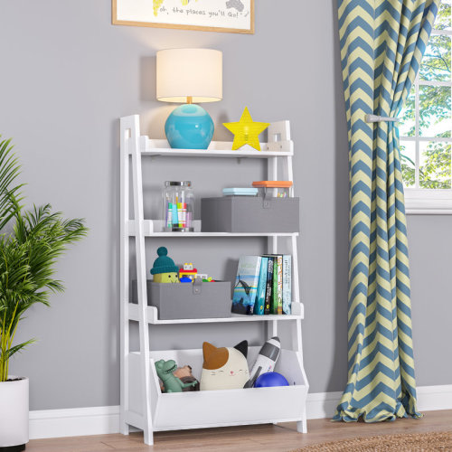 RiverRidge Home RiverRidge Kids 4-Tier 24in Ladder Shelf Toy Organizer and Book Storage with 3 Open Display Shelves- White with Two 5" Fabric Bins & Reviews | Wayfair