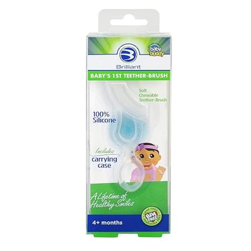Brilliant Oral Care Baby’s First Toothbrush, Smooth Silicone Bristles Gently Clean Tender Teeth and Gums, with Storage Case, for Ages 4+ Months, Clear, 1 Pack