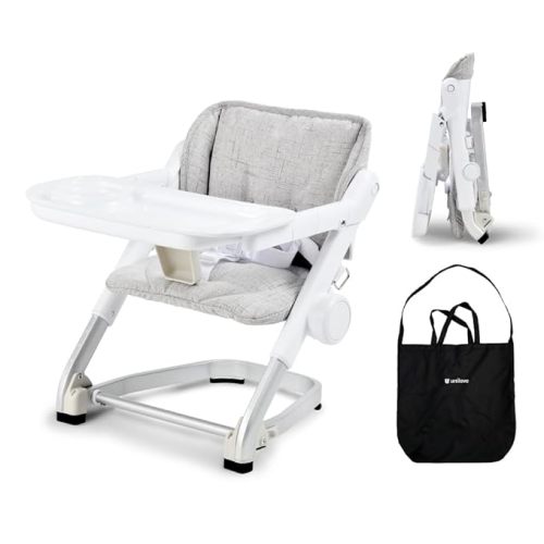 Feed Me 3-in-1 Travel High Chair Booster Seat for Infants and Toddlers - Transitional, Compact & Fits Any Chair, Swivel Tray, Shadow Gray