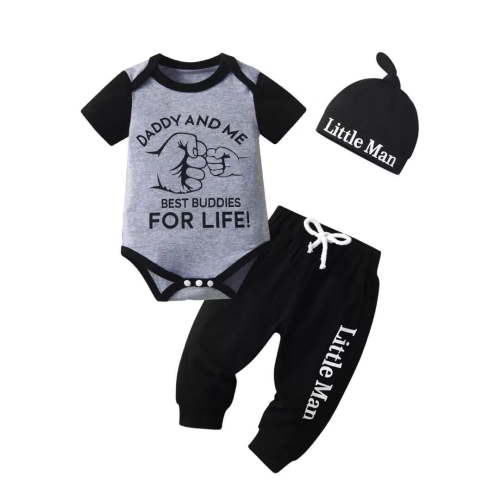 Newborn Baby Boy Clothes Letter Long Sleeve Romper + Pants + Hat 3PCS Outfits Set Black