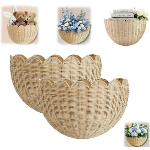 Scalloped Wall Basket,Hand Woven Hanging Wicker Wall Baskets Set, Scalloped Rattan Wall Basket Decor for Home,Bathroom,Living Room Organizing, 14 x 8 x 6 Inch