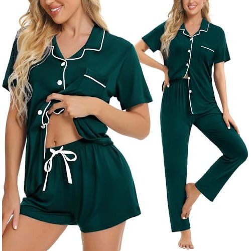 SWOMOG Womens 3pcs Button Down Pajamas Set Short Sleeve Sleepwear Bride Pj Lounge Set with Long Pants