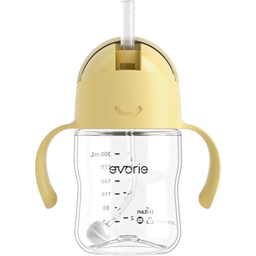 Evorie Tritan Weighted Straw Sippy Cup with Handles for Baby and Toddlers, Spill Proof Baby Water Bottle with Straw for 6 months and up, 7 Oz, Infant Training Water Bottle (Lemon Yellow)