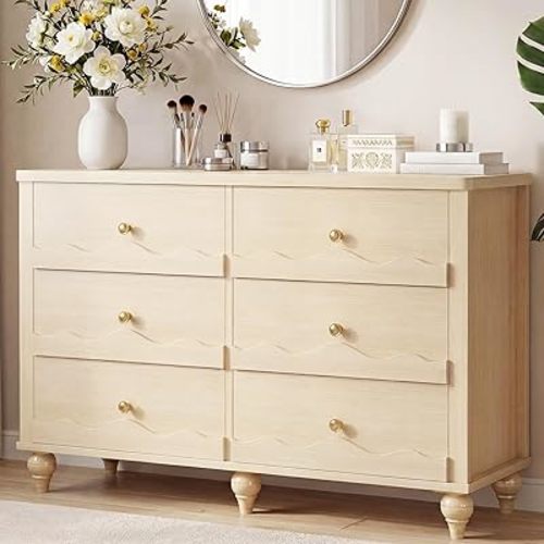 Cyclysio 6 Drawer Dresser for Bedroom, 43" Modern Chest of Drawers for Bedroom, Dresser Organizer with 6 Storage Drawers, Drawer Organizer Storage with Scalloped Front for Living Room, Natural Oak