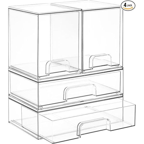 Vtopmart Clear Stackable Storage Drawers Set of 4, Plastic Organizer Bins for Makeup, Cosmetics, Beauty Supplies,Ideal for Vanity, Bathroom,Cabinet,Pantry Organization