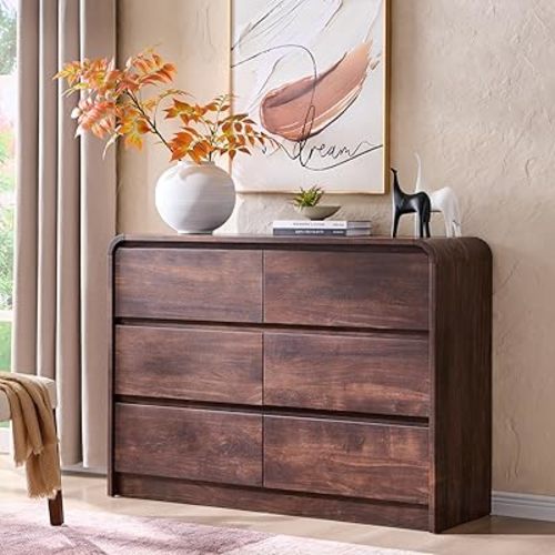 Aitjunz Modern 6 Drawers Dresser for Bedroom, 47" Wide Wood Dressers & Chests of Drawers w/Curved Profile Design, Mid Century Modern Dresser w/Natural Texture for Bedroom, Living Room, Brown