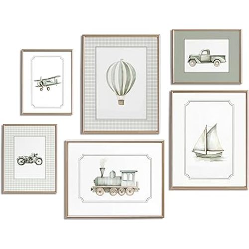 Set of 6 Sage Green Nursery Wall Art Boys Room Canvas Poster Kids Wall Decor Vintage Vehicle Prints Baby Toddler Pictures Transportation Plane Train Painting Artwork for Bedroom 8"x10" Unframed