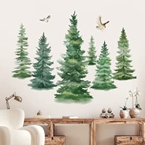 decalmile 6 Watercolor Pine Tree Wall Decals Christmas Woodland Wall Stickers Nursery Bedroom Living Room Wall Decor(H: 37inches)