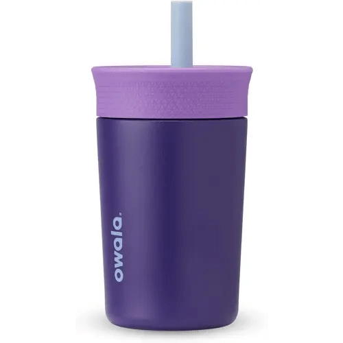 Owala Kids Insulation Stainless Steel Tumbler with Spill Resistant Flexible Straw, Easy to Clean, Kids Water Bottle, Great for Travel, Dishwasher Safe, 12 Oz, Purple (Peacock Palace)