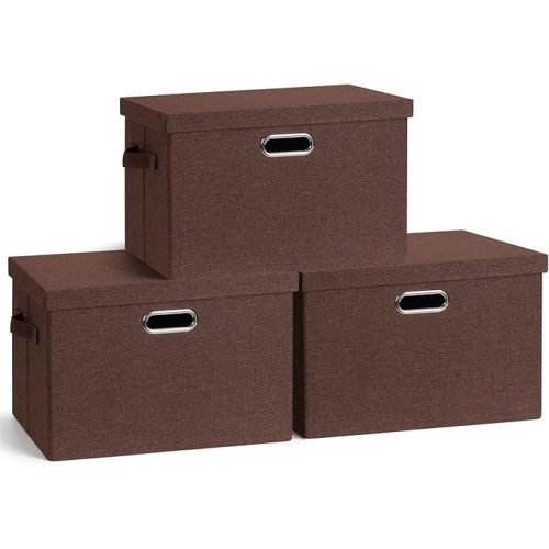 Graciadeco Large 17" 36 Quart Collapsible Stackable Storage Bins with Lids, 3 Packs Grey Linen Fabric Closet Boxes with Lids, Storage Cube Baskets Container Organizers for Bedroom Office(17 x12 x11)