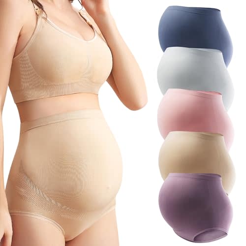 Mama Plus Women's Over Bump Maternity Underwear High Waist Seamless Pregnancy Briefs Nylon Panties Multi-Pack