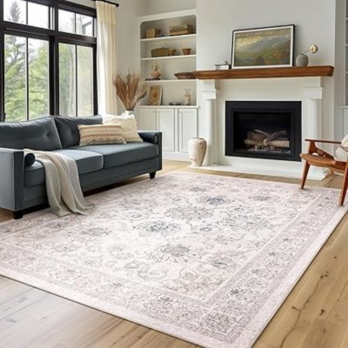 Phantoscope Vintage Collection Area Rug 6'x9' – Washable Low-Pile Rugs with Distressed Boho Floral Medallion Pattern, Non-Slip Large Carpet for Living Room, Bedroom, Dining Room, Cream Beige/Neutral