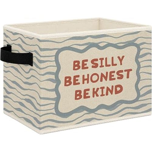 Inspirational Foldable Storage Bins Box with Handles, Be Silly Honest Kind Blue Striped Motivational Collapsible Toys Books Clothes Organizer Basket for Kids Nursery Room Bedroom Classroom