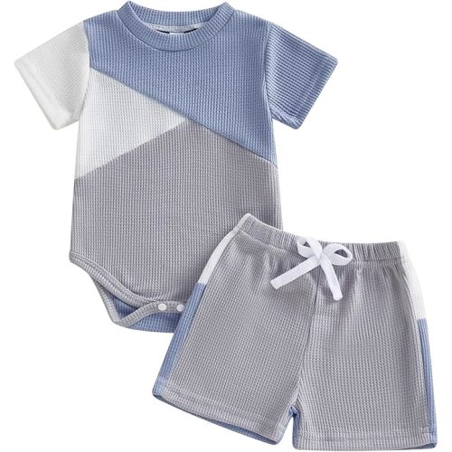 Toddler Baby Boy Summer Outfit Short Sleeve Colorblock T-shirt + Elastic Waist Shorts 2 Piece Newborn Infant Clothes