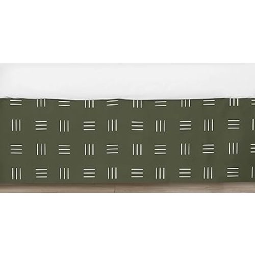 Sweet Jojo Designs Hunter Green Boho Mudcloth Boy Girl Baby Crib Bed Skirt Nursery Dust Ruffle White Bohemian Woodland Tribal Southwest Mud Cloth Hatch Gender Neutral Triple Line Safari Jungle Animal